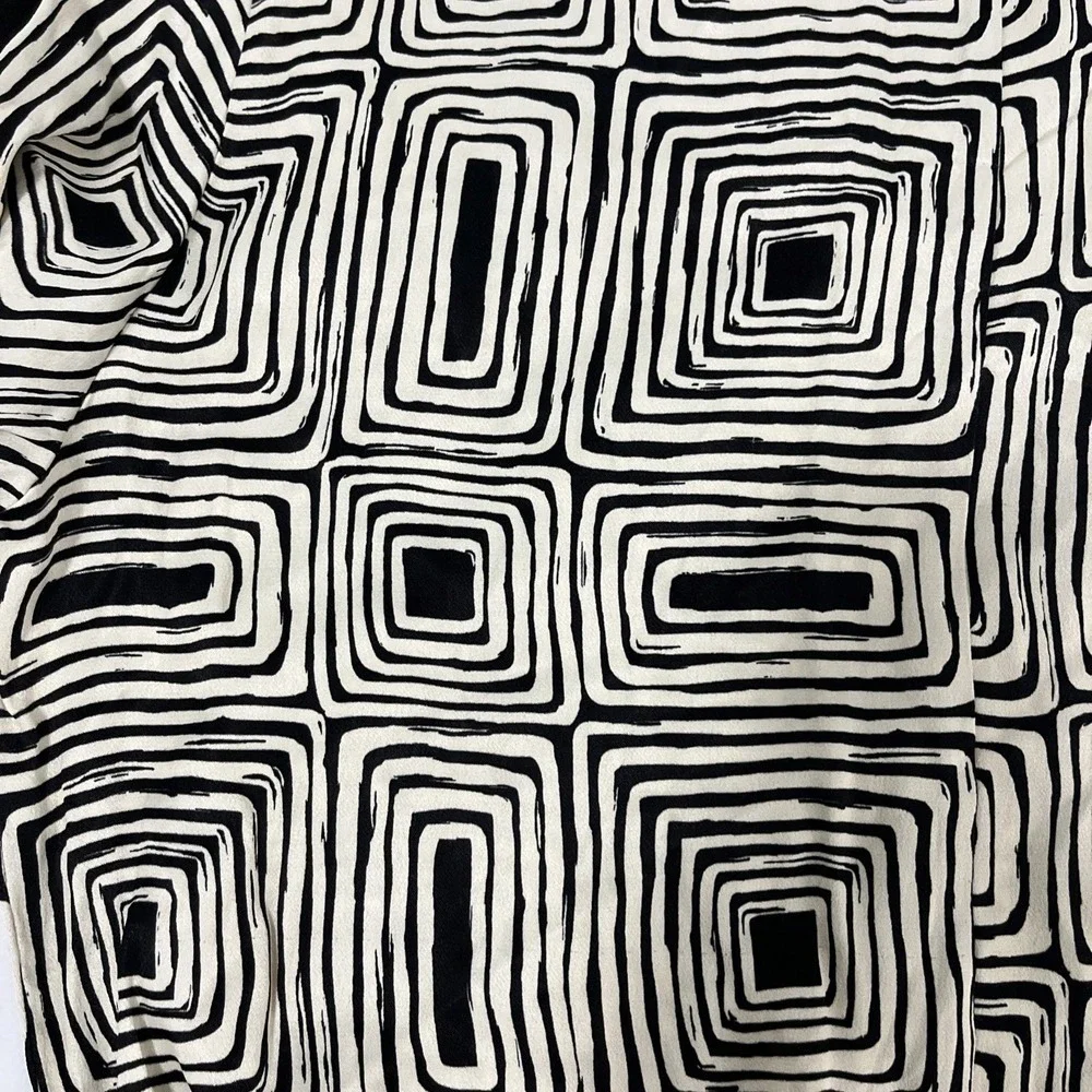 NWT ZARA M Blouse‎ Womens Black/Beige Geometric Print Drawstring Casual Office